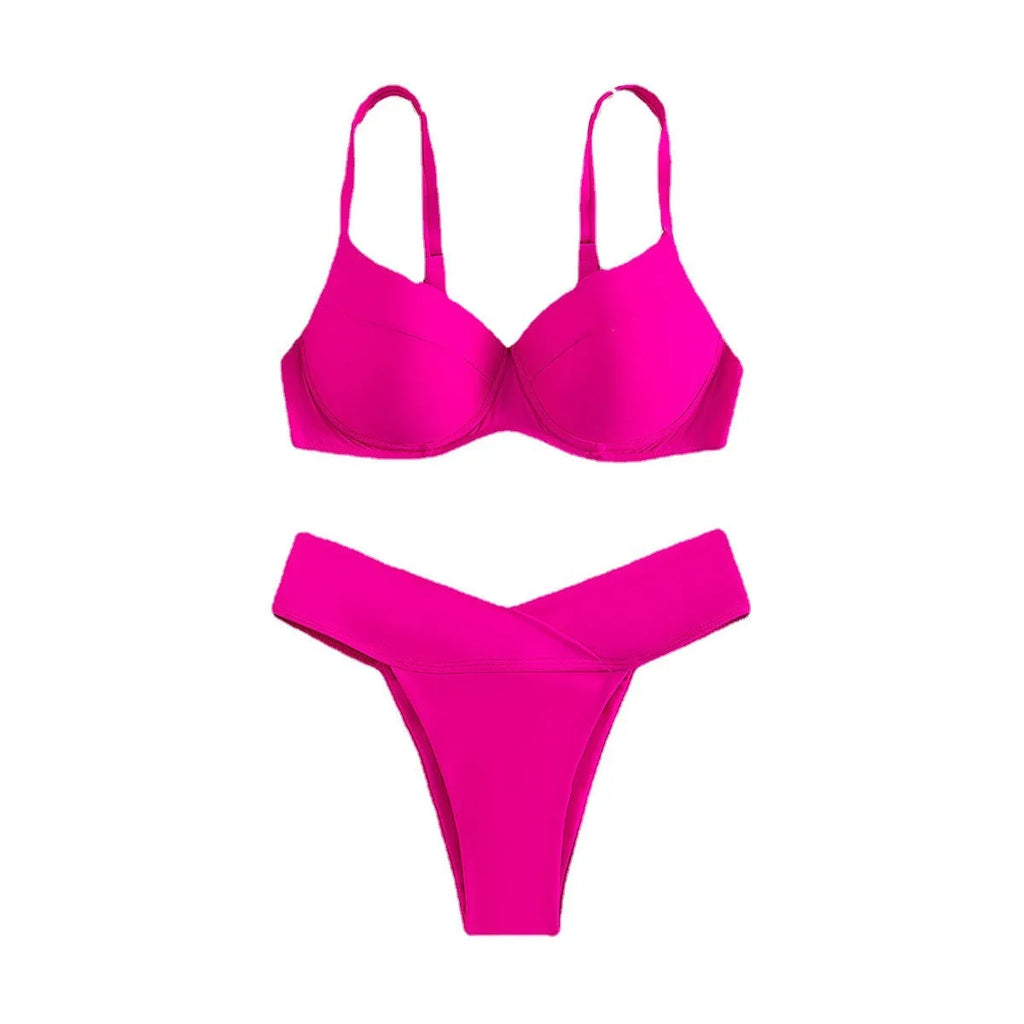 Women's solid colour sleeveless bikini swimsuit set with bra and briefs on a mannequin