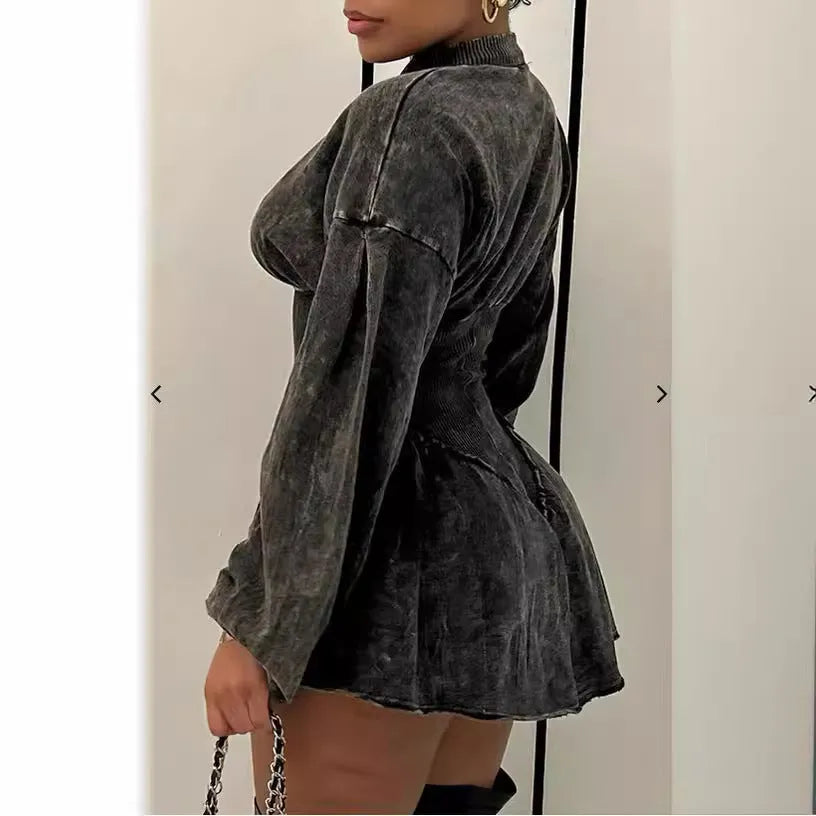 Gray digital print slim-fit A-line dress with long sleeves and a drawstring waist.