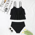 High-waist double-layer women's swimsuit in black with coconut tree floral print