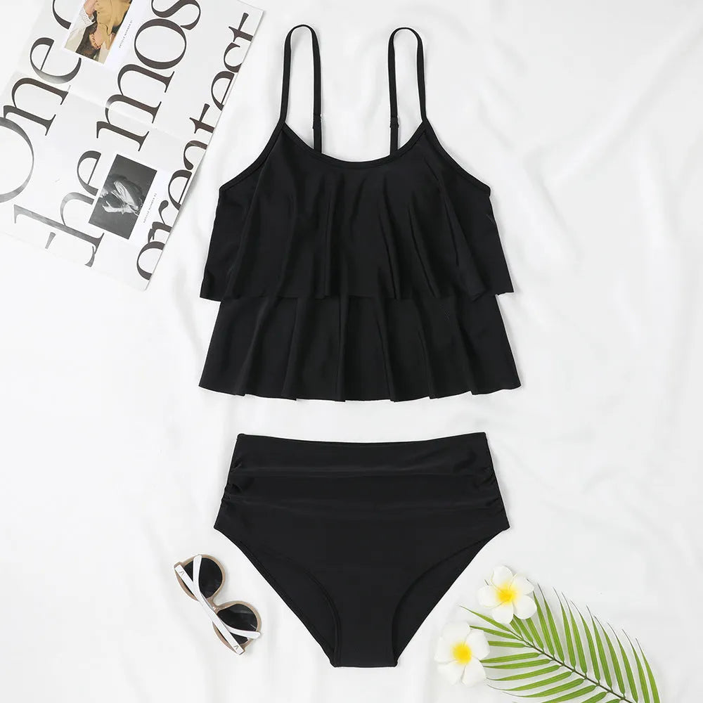 High-waist double-layer women's swimsuit in black with coconut tree floral print