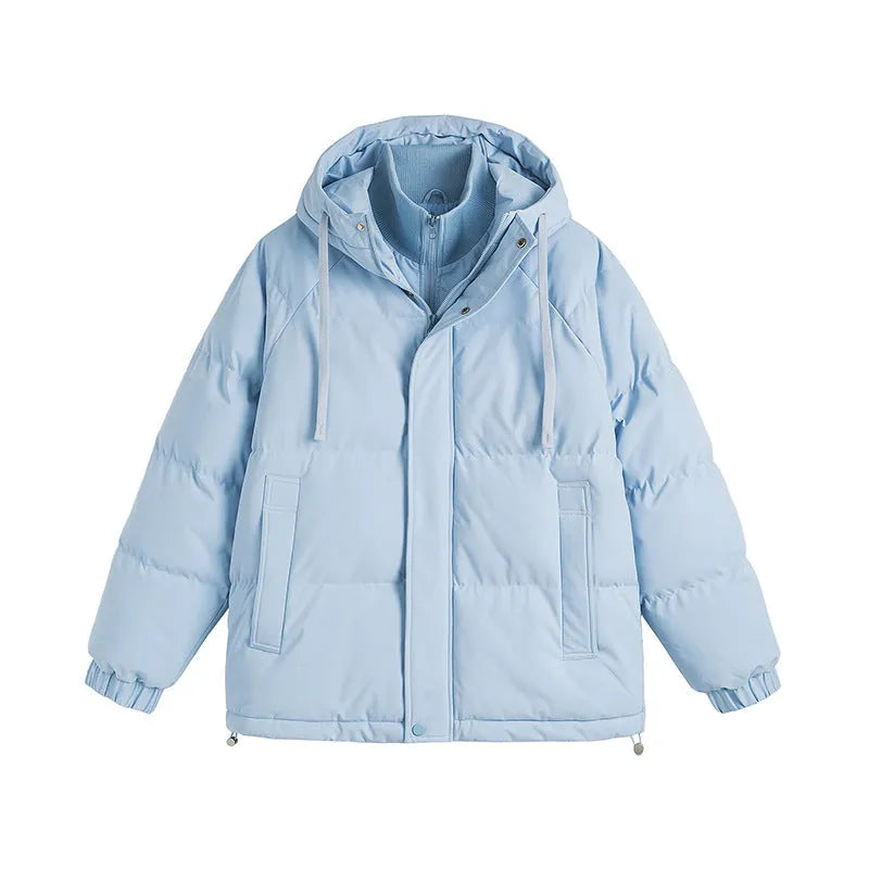 A loose-fitting, cardigan-style winter coat with a fake two-piece design and side seam pockets.