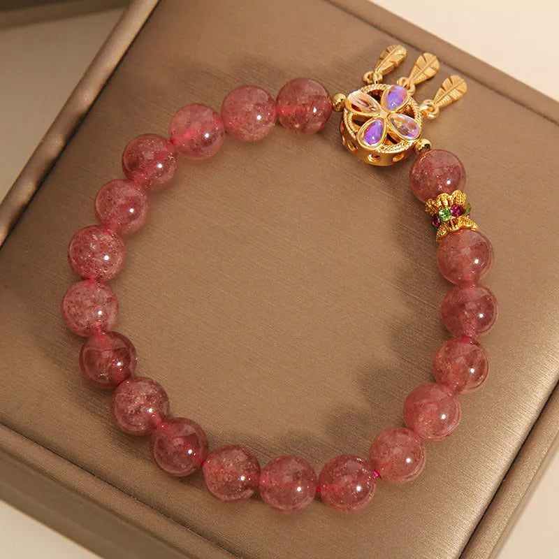 Natural strawberry quartz bracelet with four-leaf dream catcher pendant on adjustable cord, women's original design