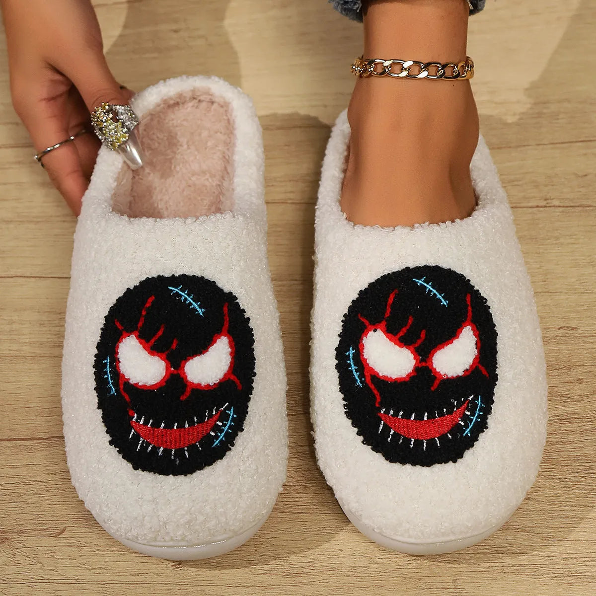 Women's indoor plush thermal cotton slippers with linen upper in Mask Black colour