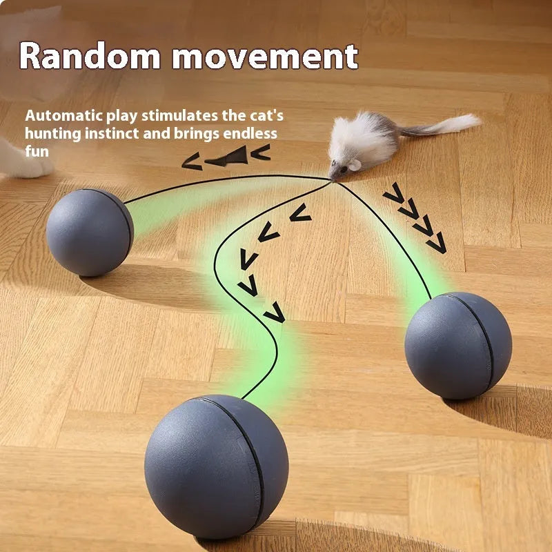 Automatic cat toy mouse teaser ball with plush mouse in blue orange and dark gray on floor