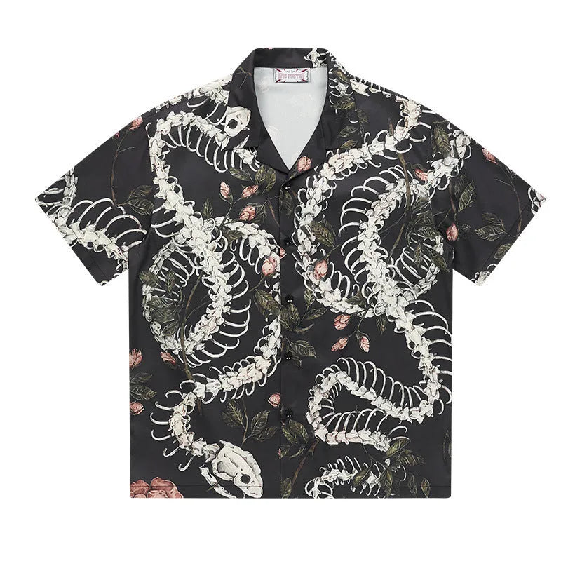 Floral snake bone pattern printed short sleeve Cuban collar loose fit shirt