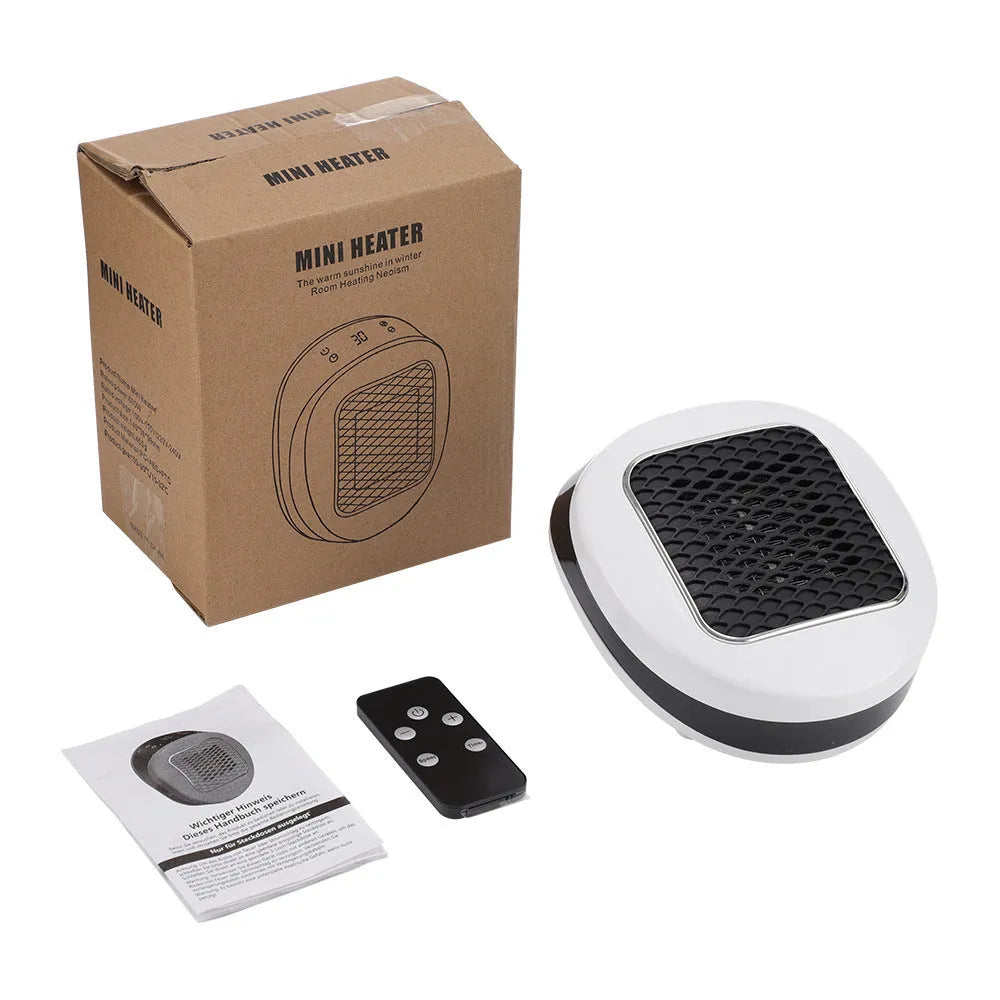 White ceramic electric heater with remote control on a table.