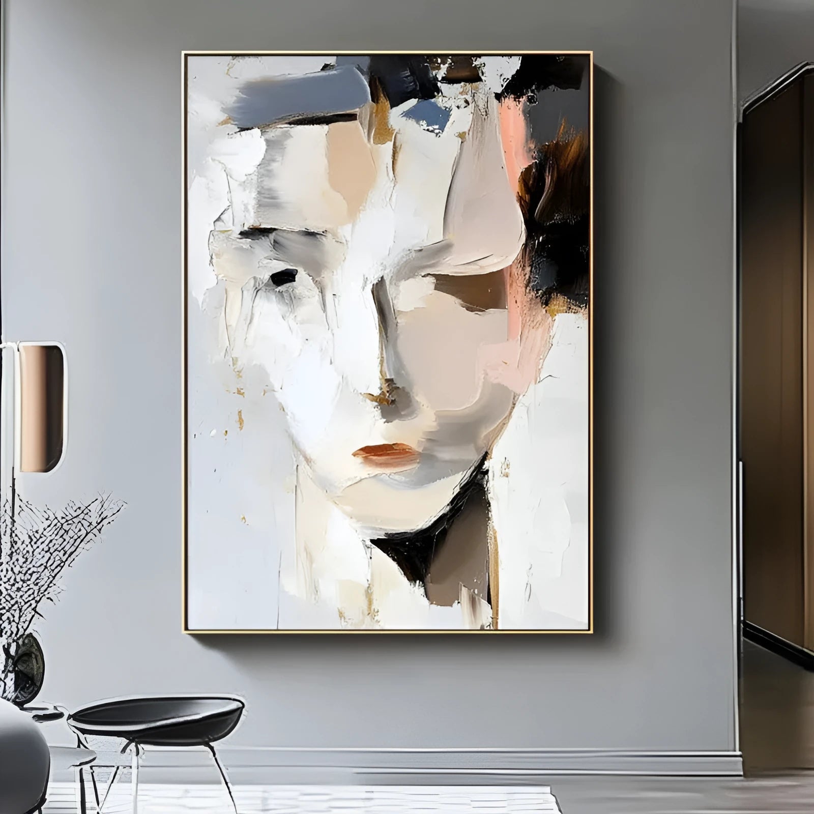 Abstract woman face hand-painted oil painting on canvas, modern black and white vertical wall art