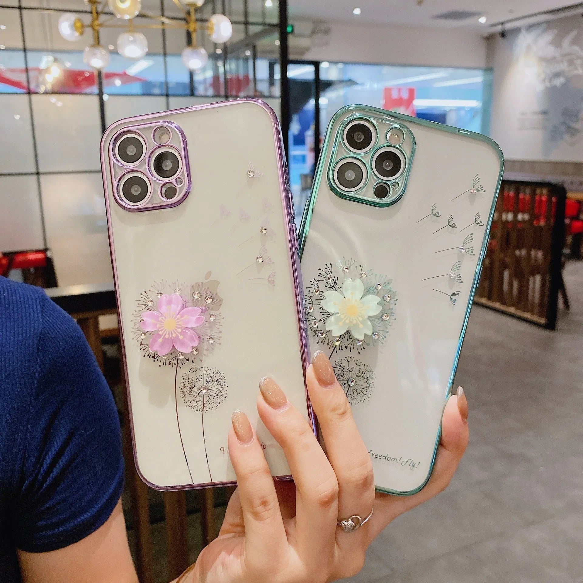 Green 3D floral pattern iPhone case with a built-in screen protector and a spin stand on the back.