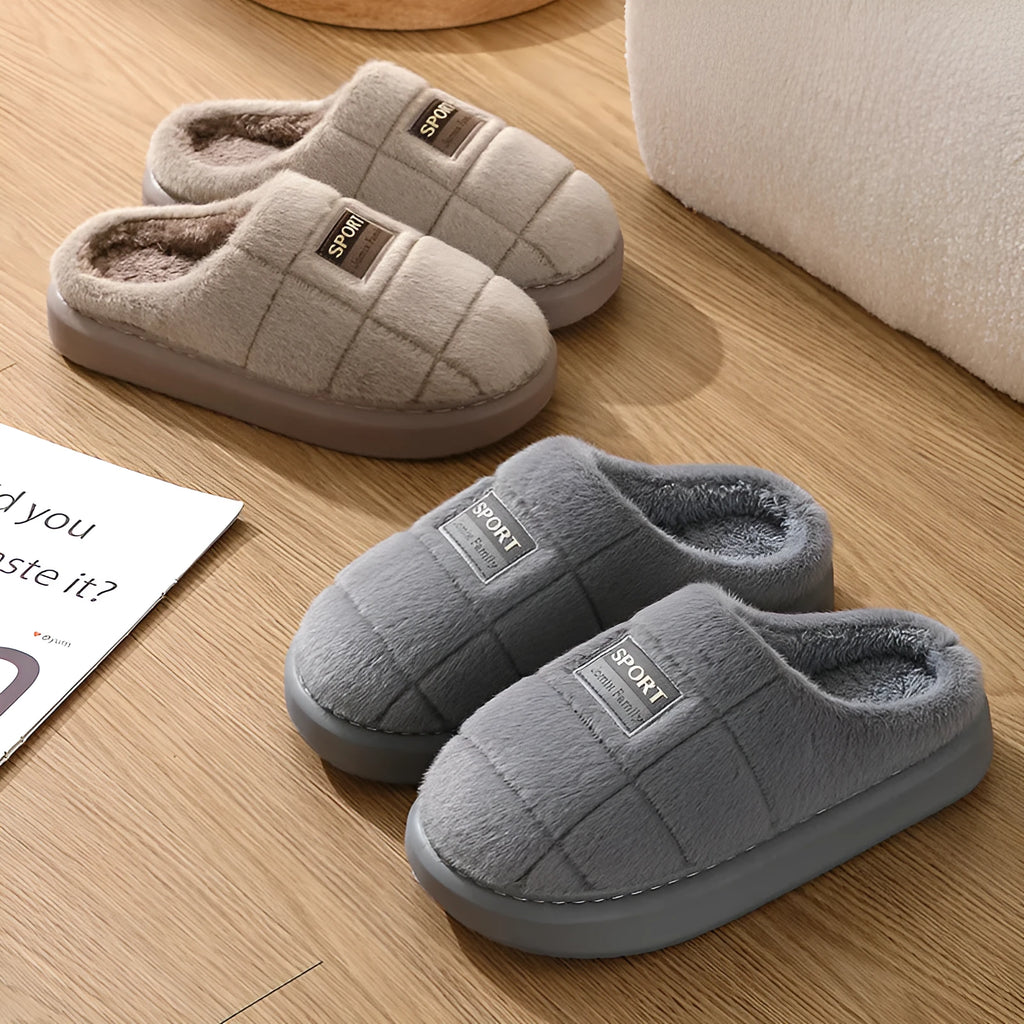 Men's plaid pattern rabbit hair slippers with artificial wool lining and thick EVA sole.