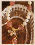 Crystal strawberry quartz stringed pearls bracelet handmade women's INS style with bow detail