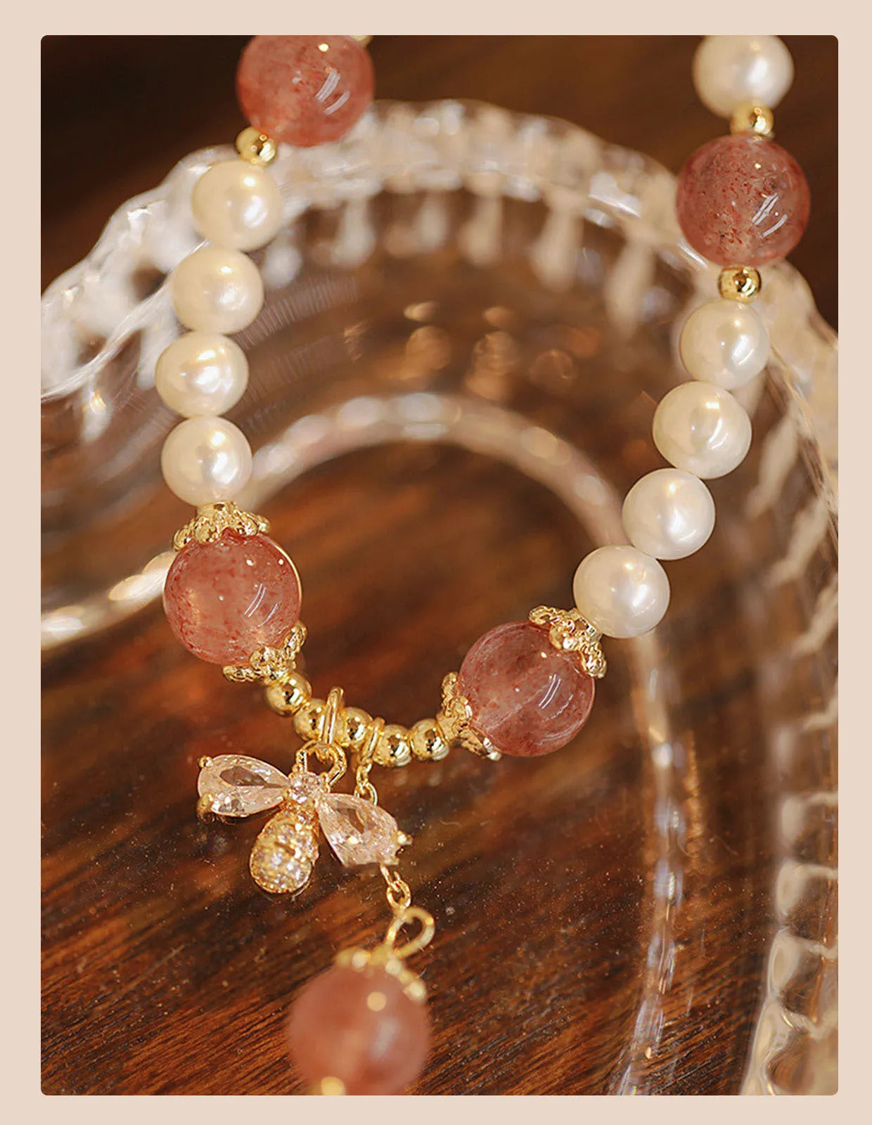 Crystal strawberry quartz stringed pearls bracelet handmade women's INS style with bow detail