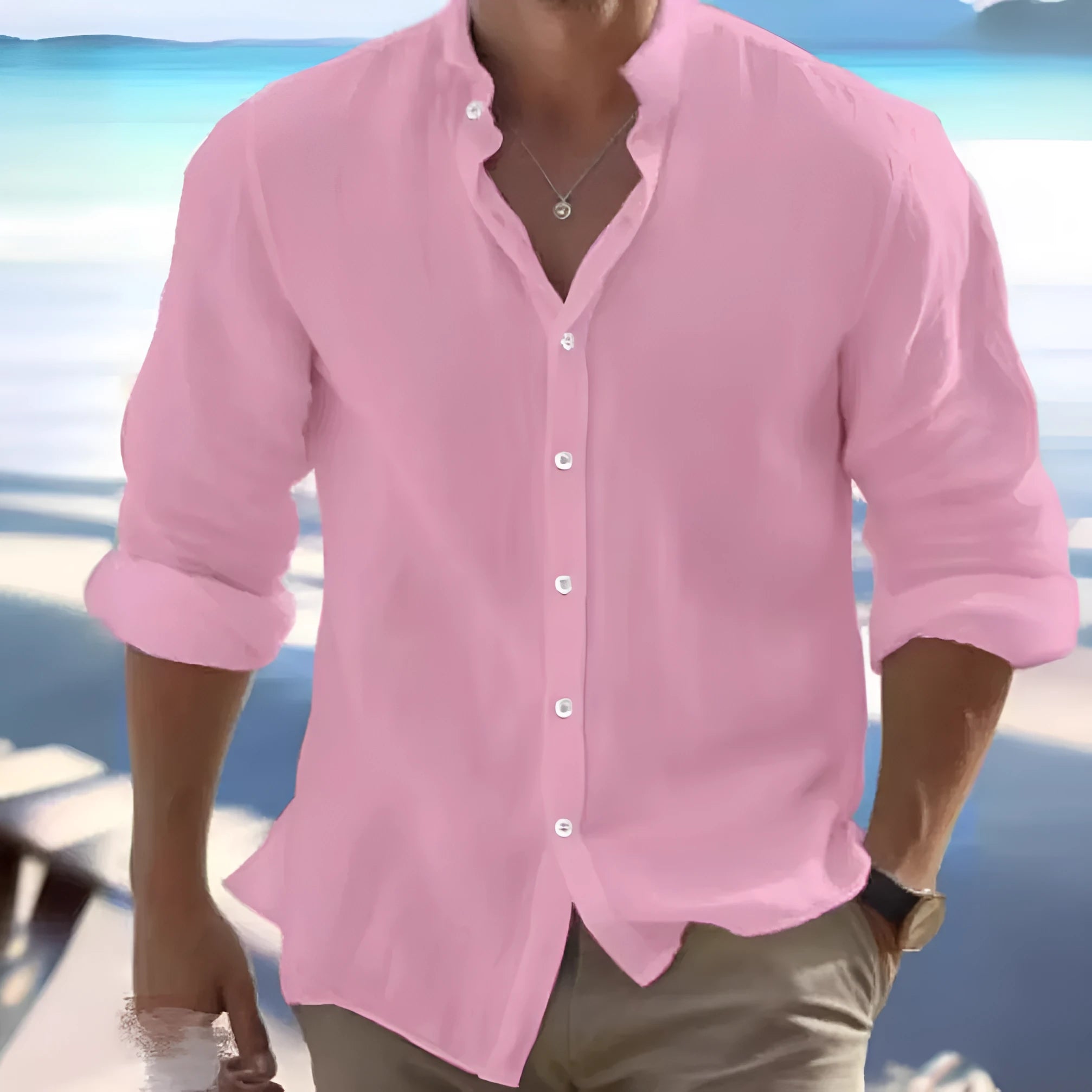 Men's light blue long-staple cotton casual button-down summer shirt on a hanger.