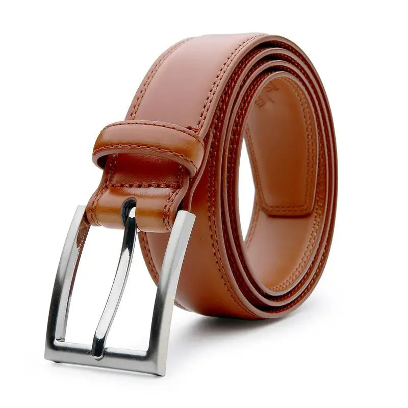 Men's brown genuine leather casual belt with an alloy buckle, showing the wild 95 grain texture.