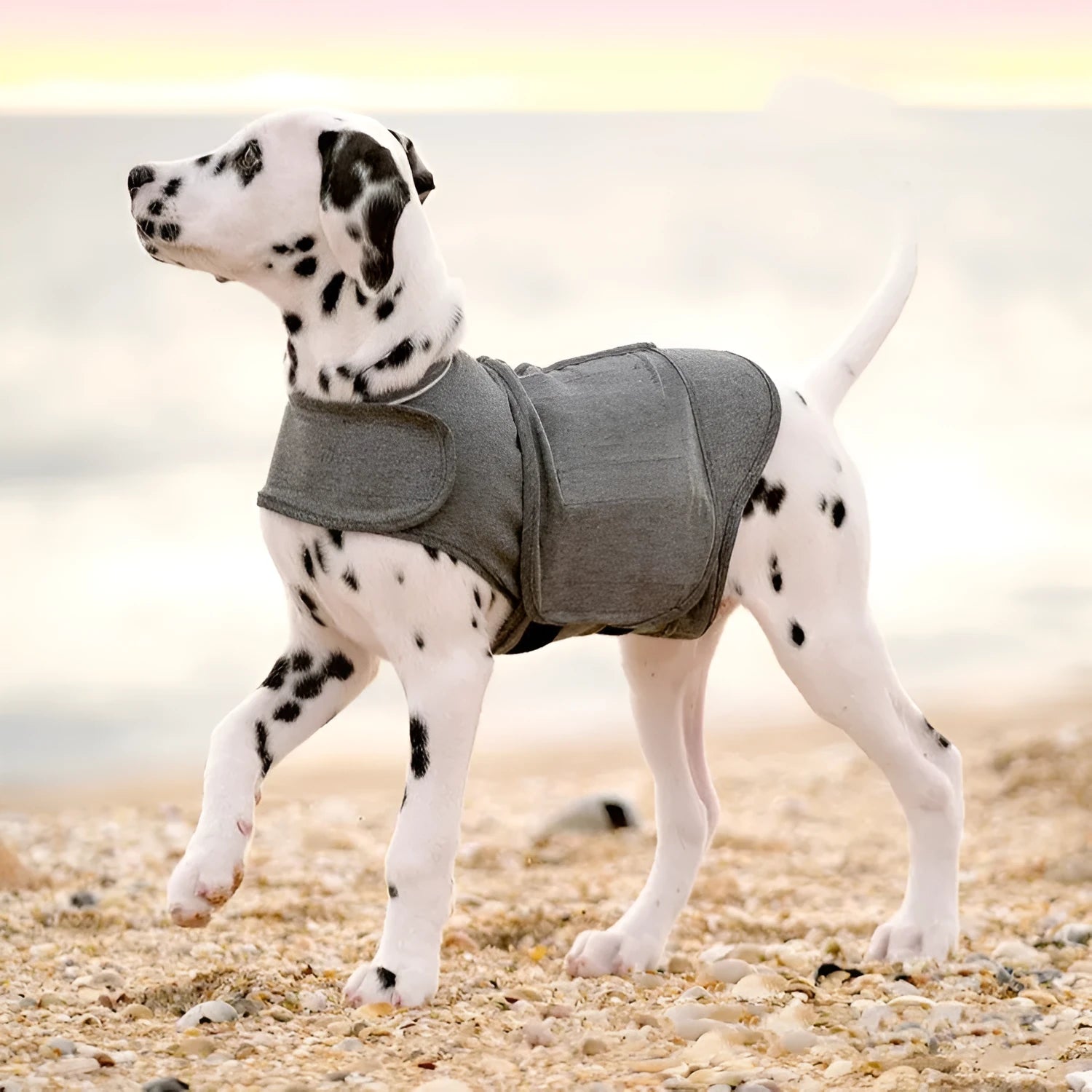 Heather grey brocade cotton ponte-de-roma dog anxiety and warm vest on a mannequin