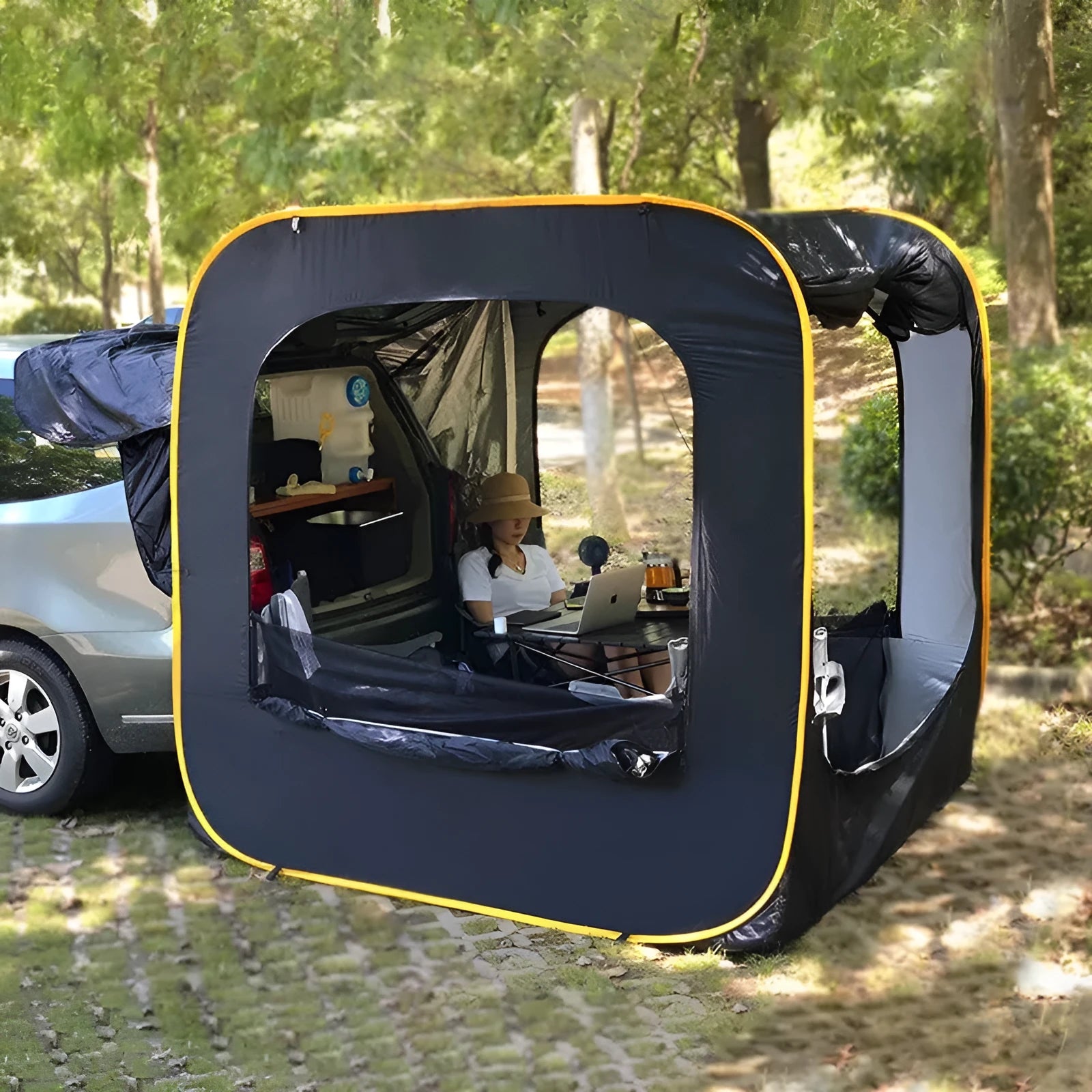 Pop-up outdoor camping car tail tent in black, waterproof Oxford cloth, steel frame, 200x200x200cm size
