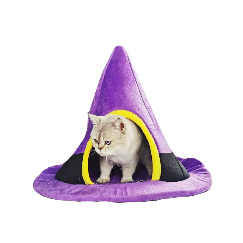 Purple witch hat shaped cat bed for Halloween, dimensions 60cm by 45cm.