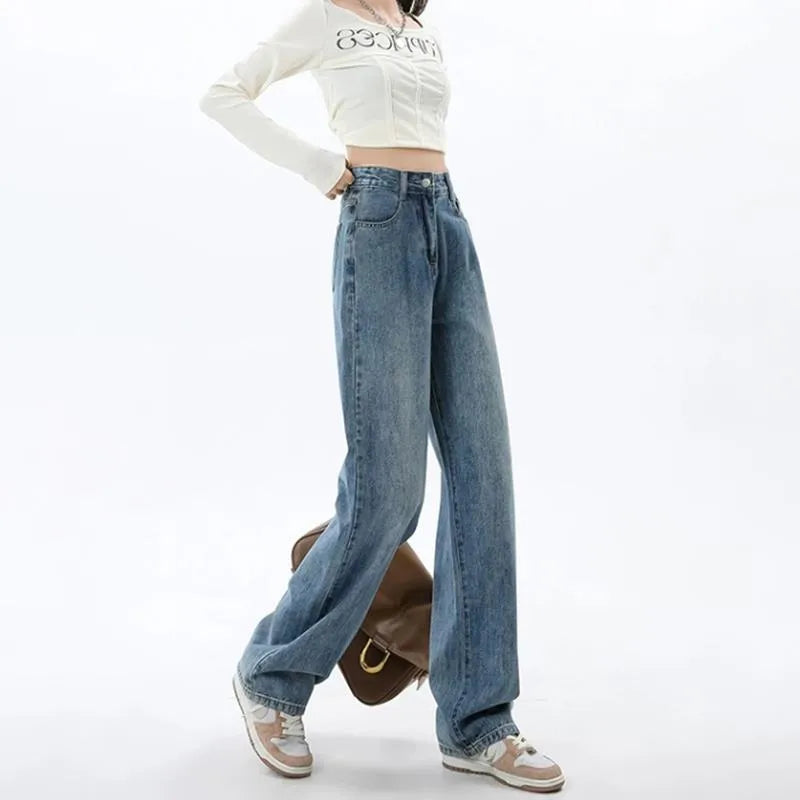 Retro blue high waist wide leg jeans for women with straight cut and stretch denim