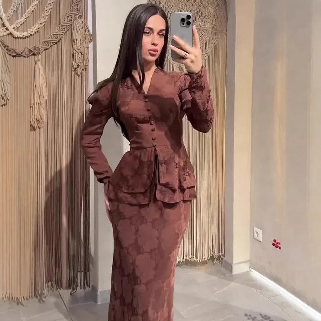 Dark brown retro floral long sleeve dress with button detailing and artistic design
