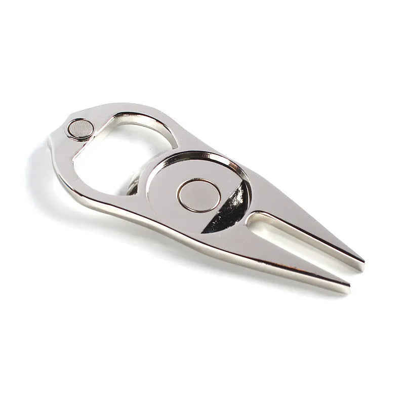 Zinc alloy golf ball marking fork with bottle opener in green, black, or silver colour options