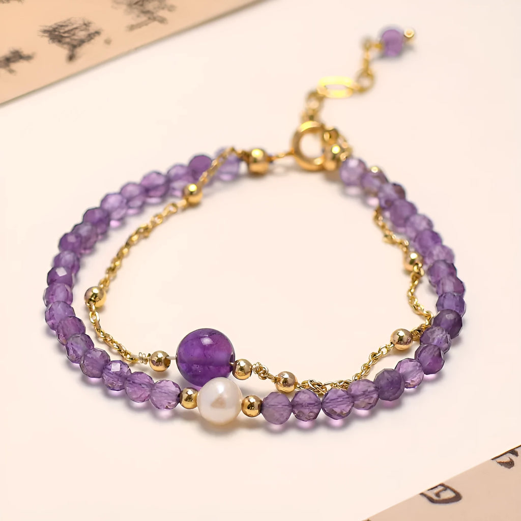Amethyst Chinese style women's bracelet with diamond-shaped crystal beads and electroplated finish.