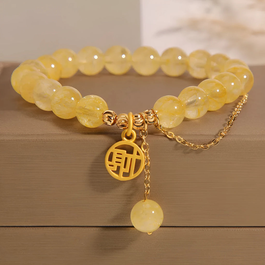 Natural stone citrine bracelet with Chinese character tassel design, electroplated finish