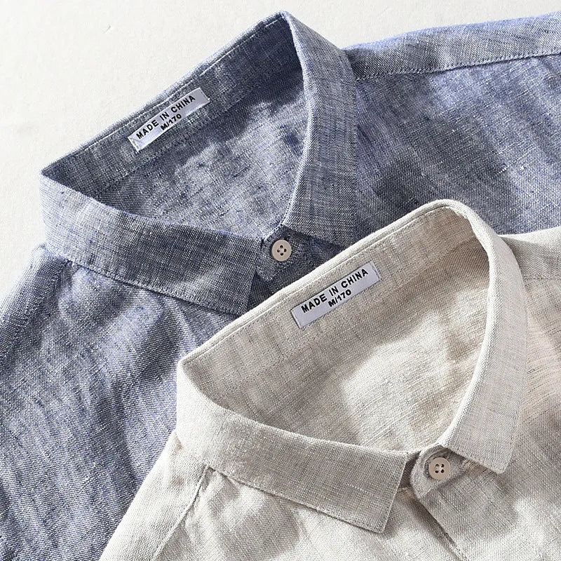 Men's linen square collar short sleeve shirt in raw jute colour on hanger