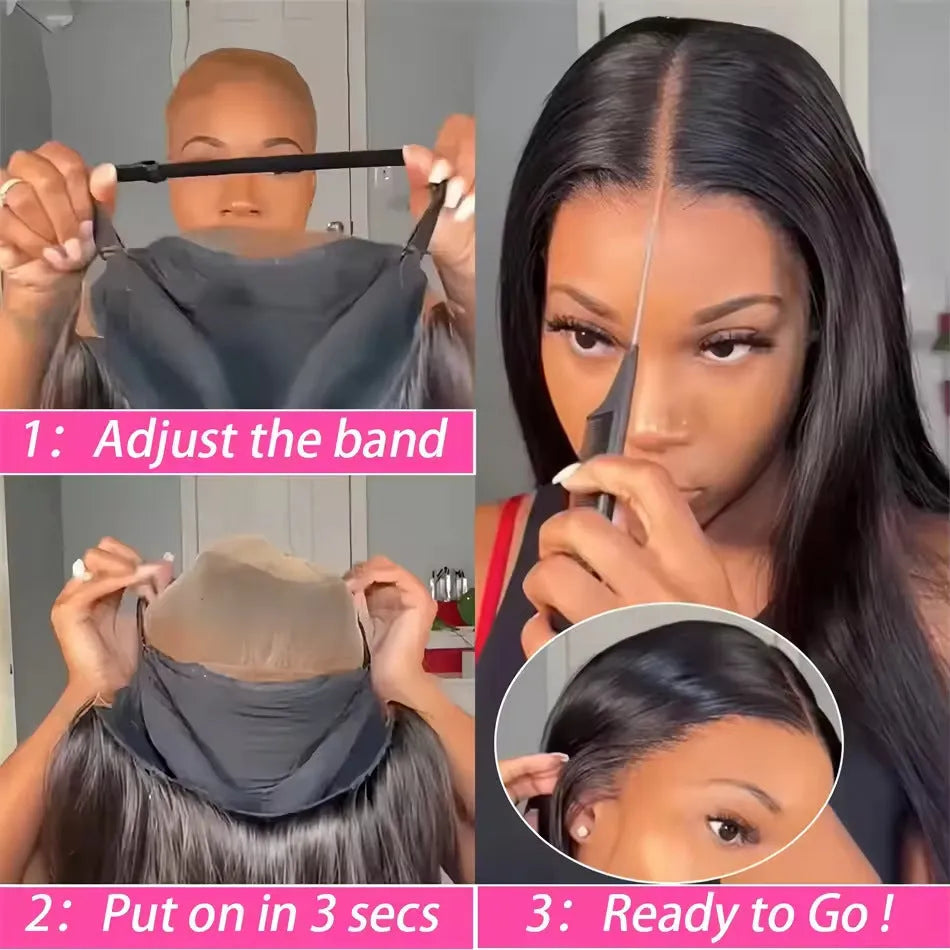 A model wearing a long, straight human hair glueless wig with side bangs.