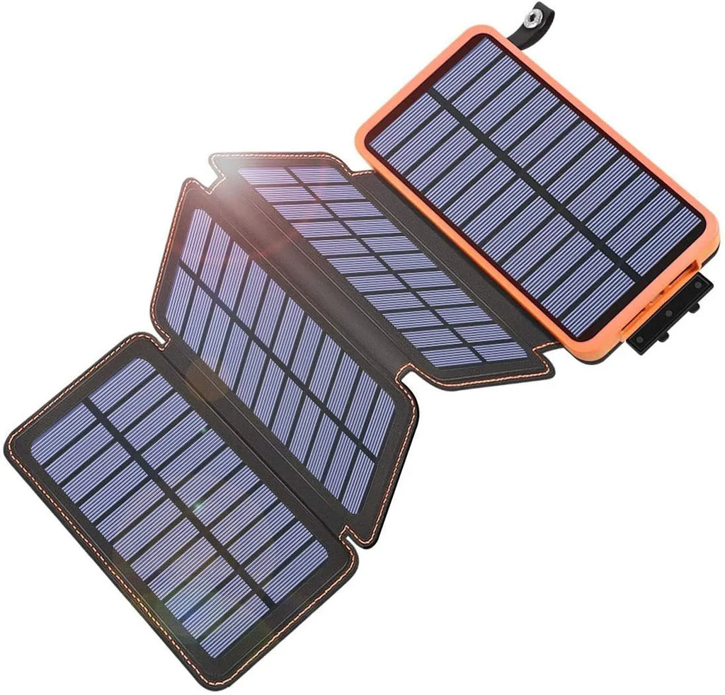 Outdoor rainproof solar phone charger with LED light and leather case in black, blue, green and orange colours