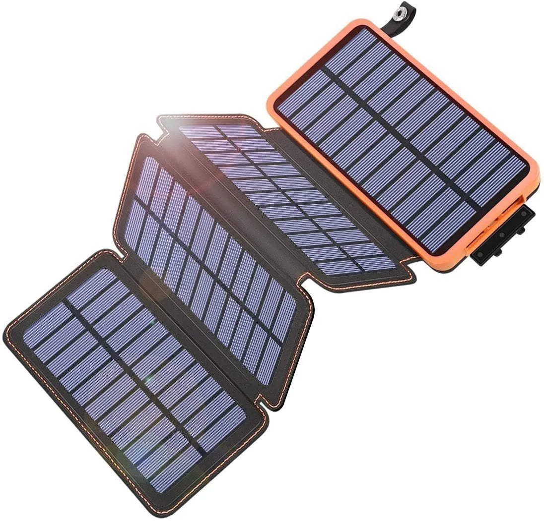 Outdoor rainproof solar phone charger with LED light and leather case in black, blue, green and orange colours