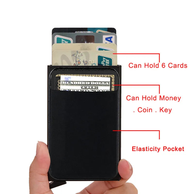 Metal credit card holder in frosted aluminium alloy with colour options including black, silver, and rose gold