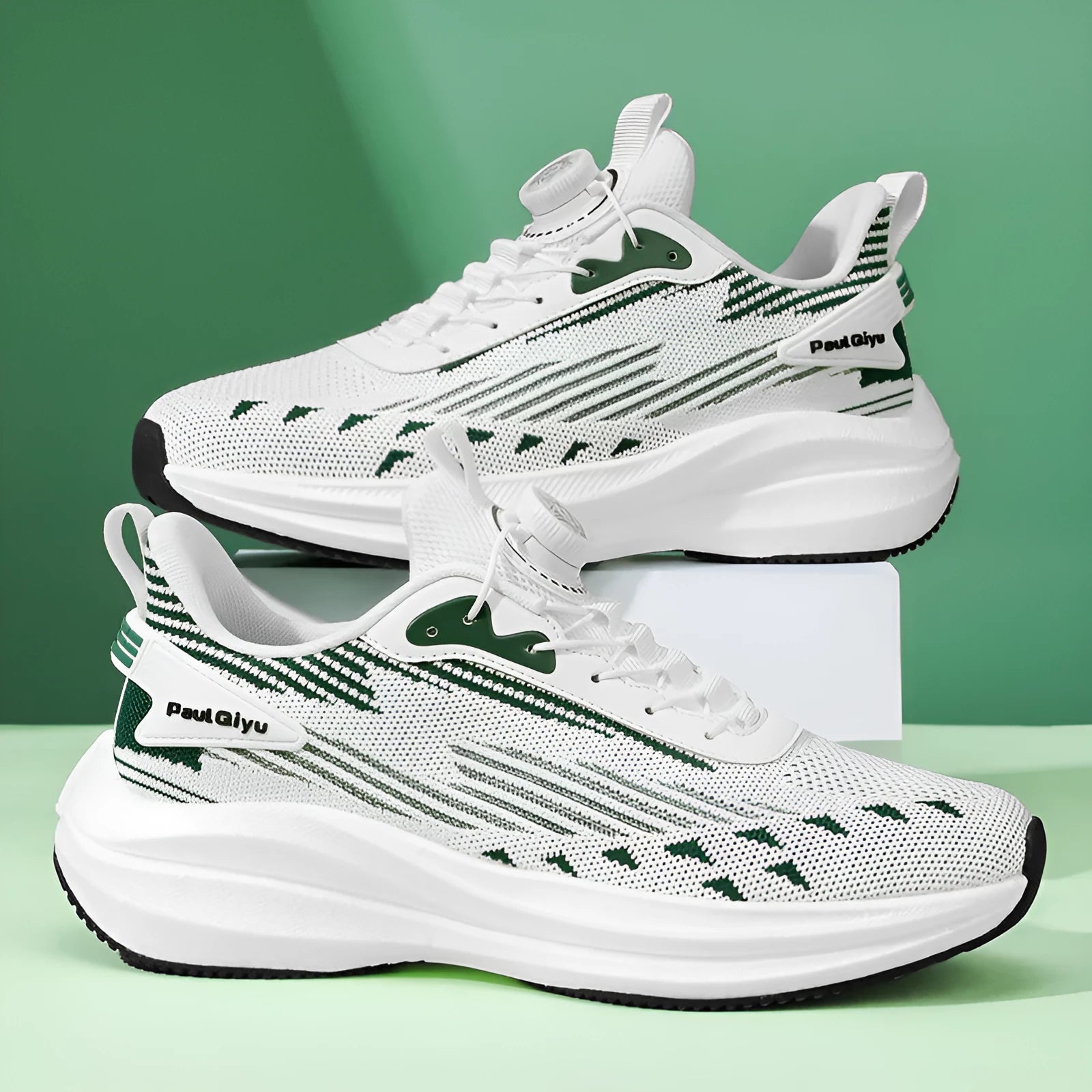 Men's white green and black rotating buckle Fly-kit mesh casual sports running shoes on a flat sole.