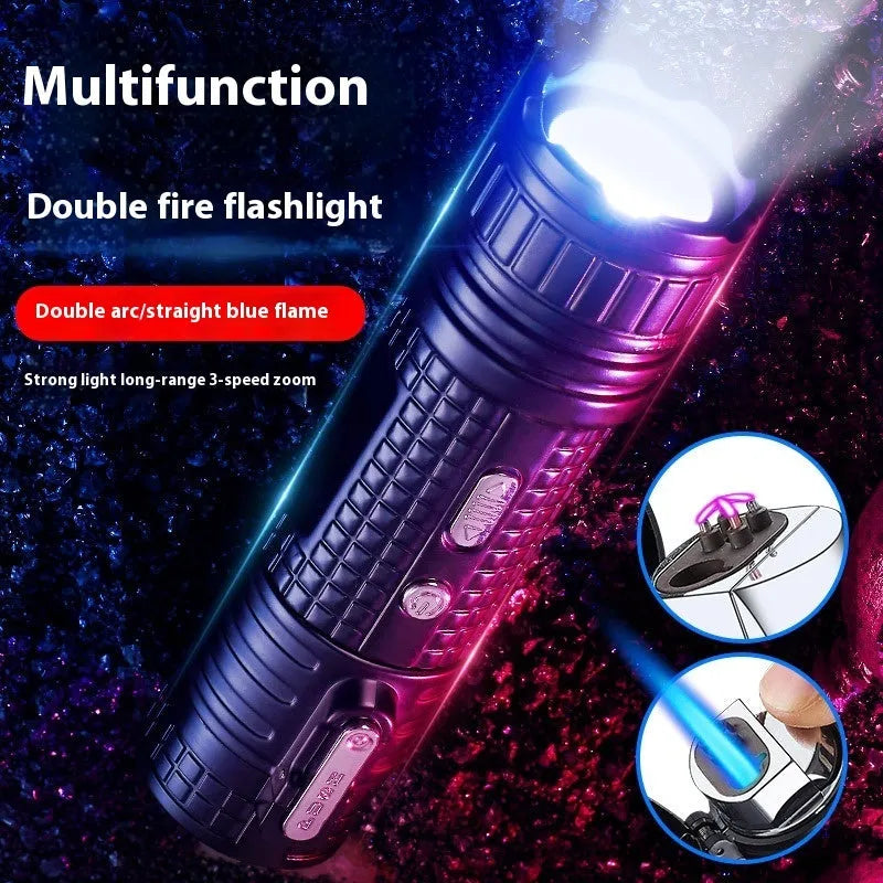 TH727 multifunction metal torch lighter in camouflage colour showing combined flashlight and lighter design.