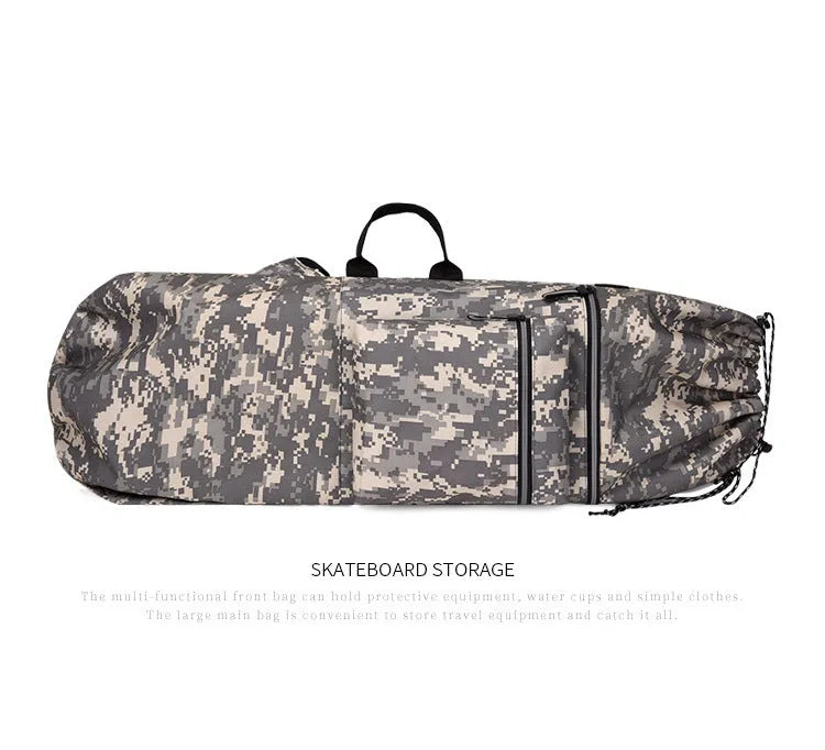 Waterproof nylon skate backpack for carrying skateboards and fishing rods, shown in khaki colour.