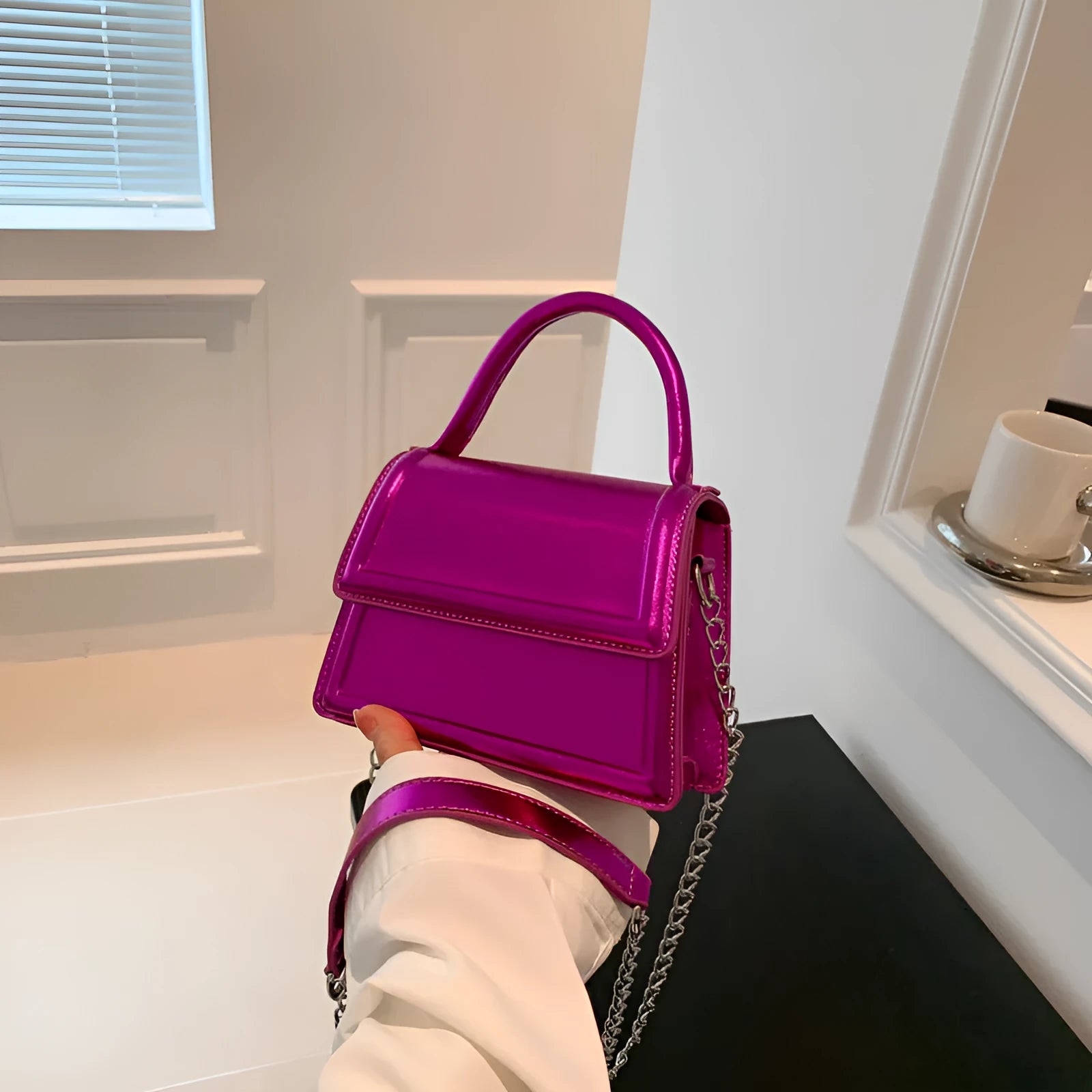 Retro PU leather crossbody shoulder bag in horizontal square shape on display