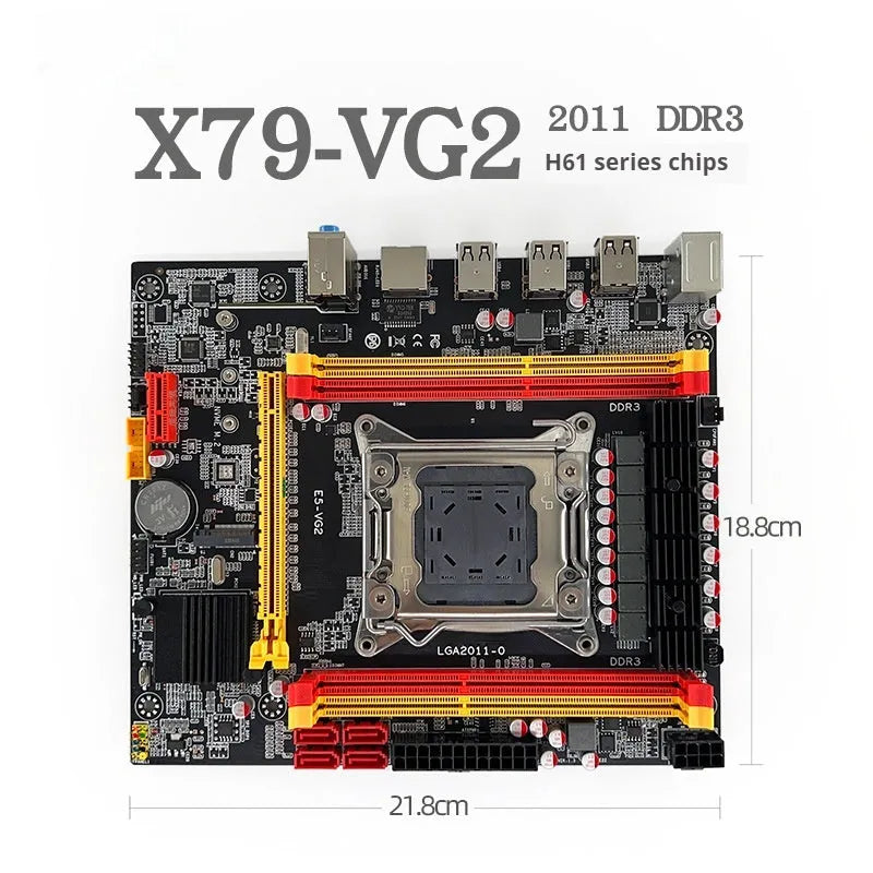 X79-VG2 desktop ATX motherboard showing LGA 2011 socket, PCIe 16X slot, DDR3 slots, and M.2/SATA connectors.