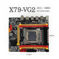 X79-VG2 desktop ATX motherboard showing LGA 2011 socket, PCIe 16X slot, DDR3 slots, and M.2/SATA connectors.