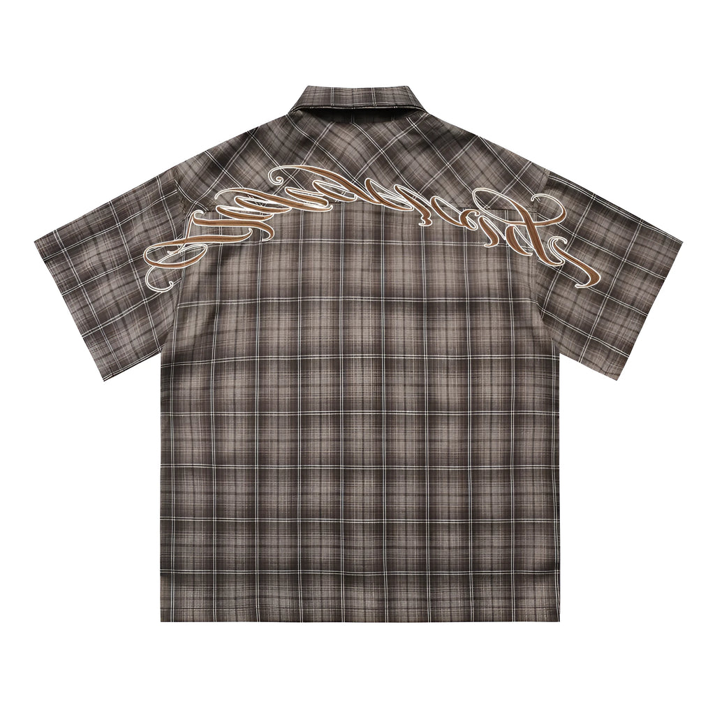 Men's short sleeve plaid shirt with embroidered letter on lapel, cotton blend, black colour, loose fit