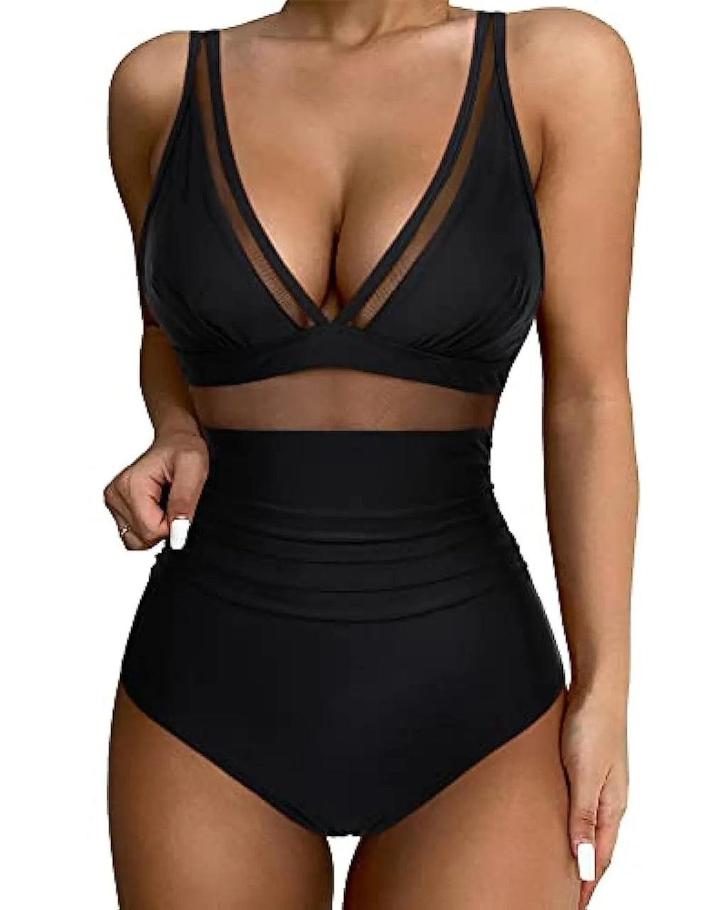 Women's high waist one-piece swimsuit in light green colour with quick-drying polyester fabric
