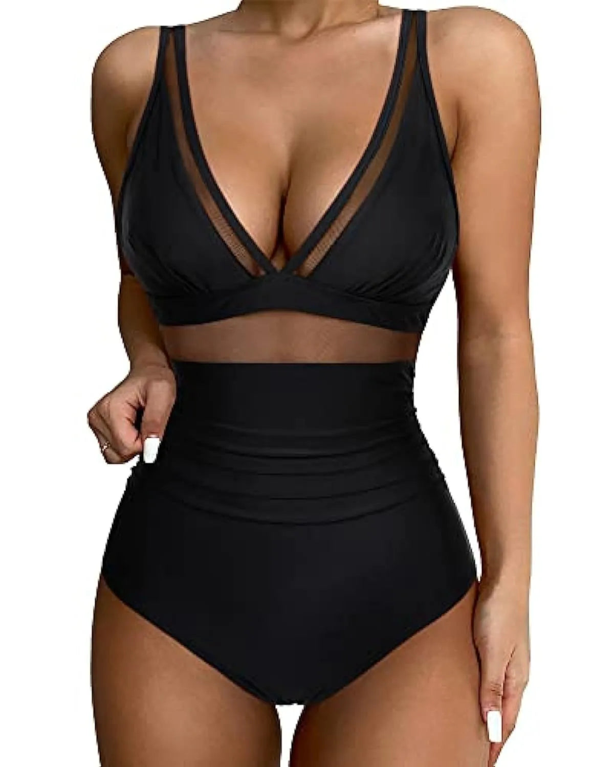 Women's high waist one-piece swimsuit in light green colour with quick-drying polyester fabric