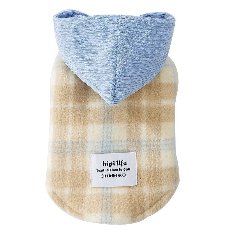 Blue corduroy dog hoodie vest with chessboard grid pattern and attached traction hood.