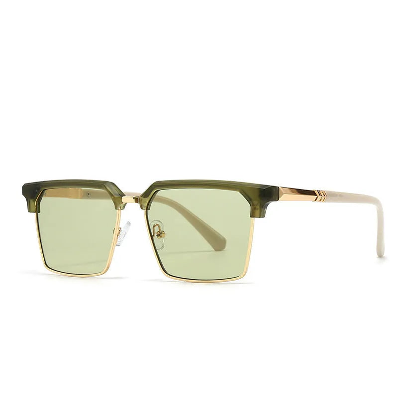 Men's square sunglasses with plastic frames showing six colour options on display