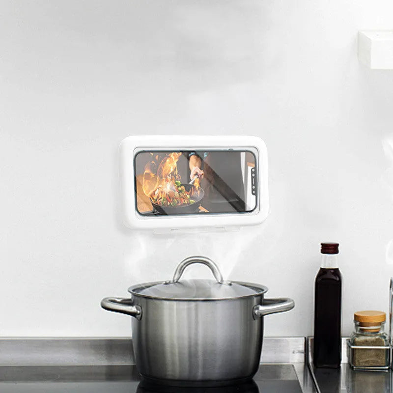 Waterproof phone holder in Crescent White with anti-fog window and touch screen on bathroom tile
