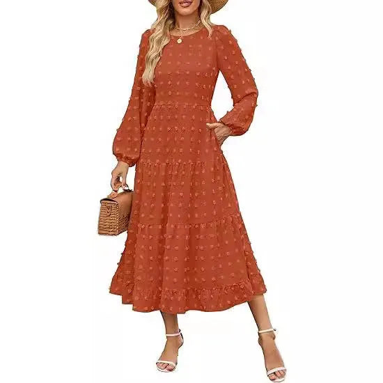 Beige women's long sleeve casual dress with round neck, ruffled sleeves, and a high waist.