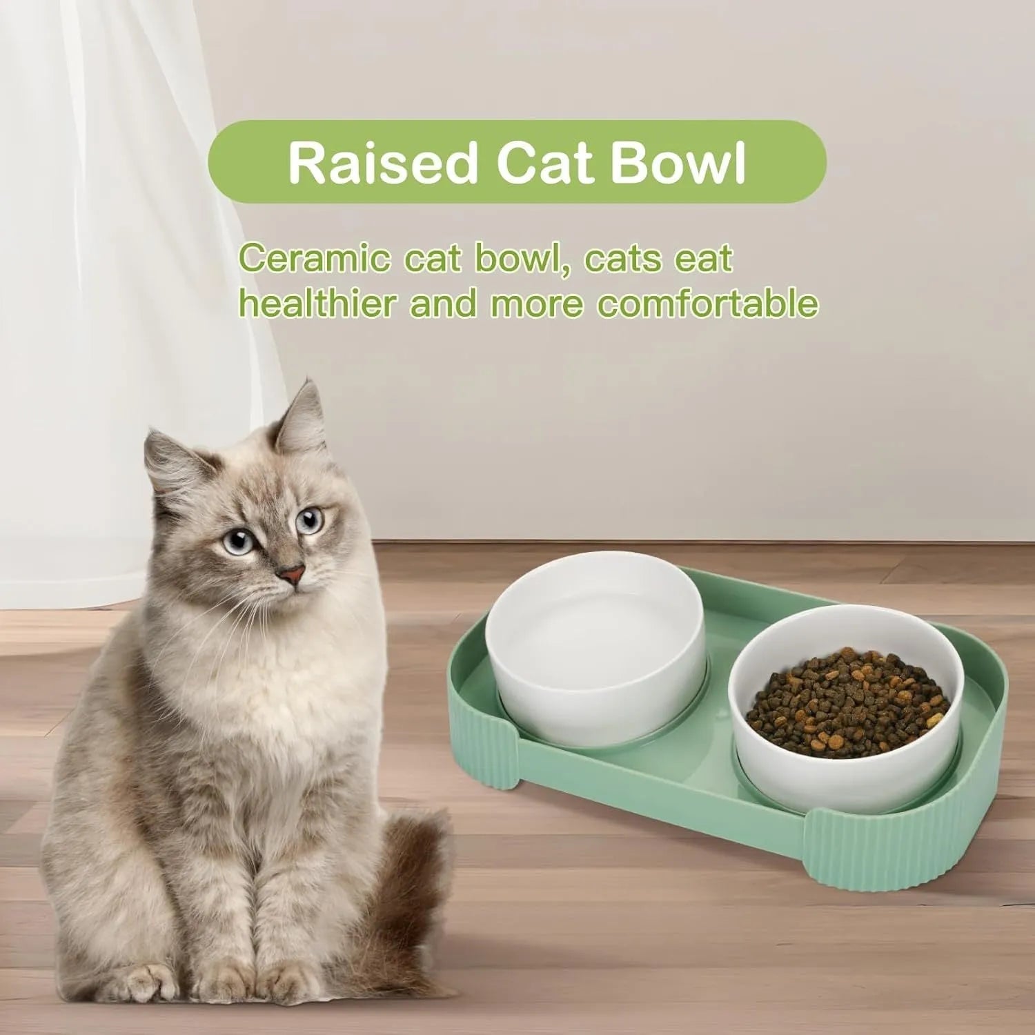 Green ceramic elevated cat bowls with 15-degree tilt and non-slip base