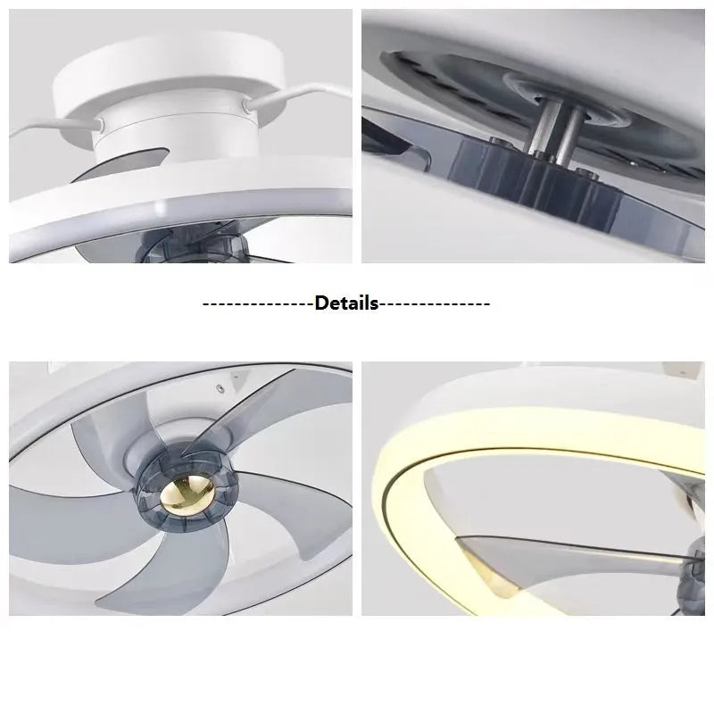 Modern white ceiling fan lamp with integrated light and five blades, shown installed on a ceiling.