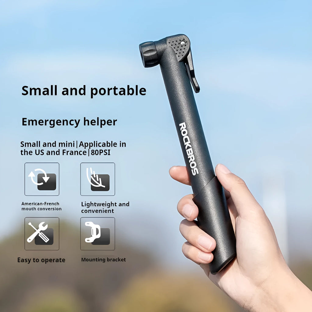 Black plastic portable mini bicycle tyre inflator with dual American and French valve compatibility