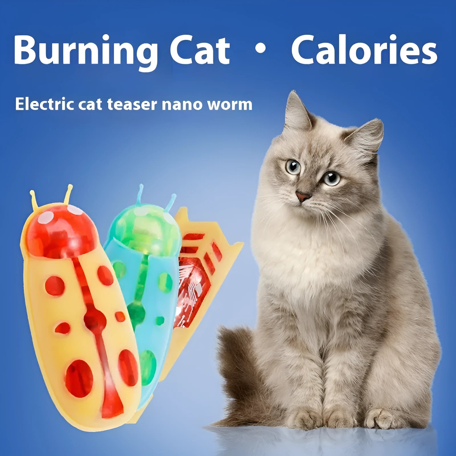 Small electric jumping insect cat teaser toy in Iron Cow style green and black, next to a ladybug style red and black toy.