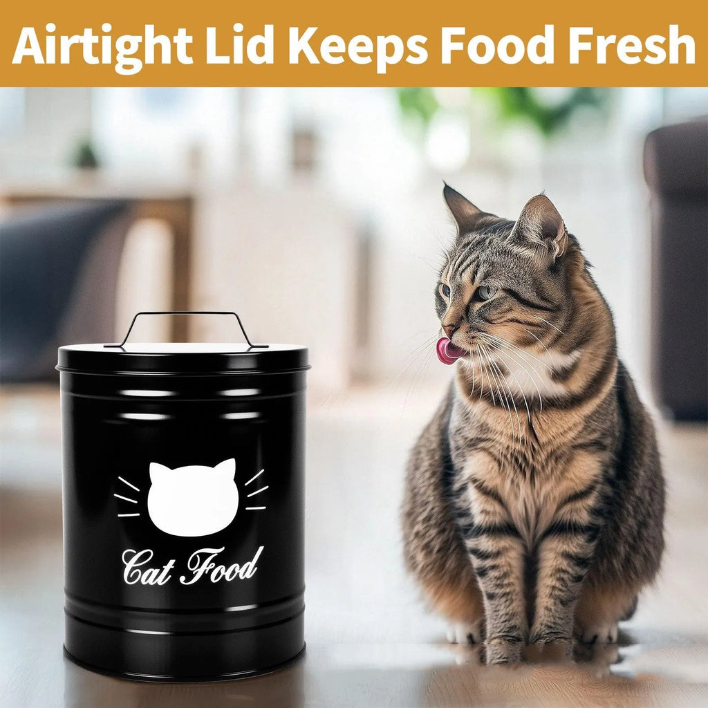 Black and white round household storage tin with moisture-proof tinplate construction.