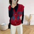 Diamond plaid sleeveless cardigan top in khaki colour, loose fit