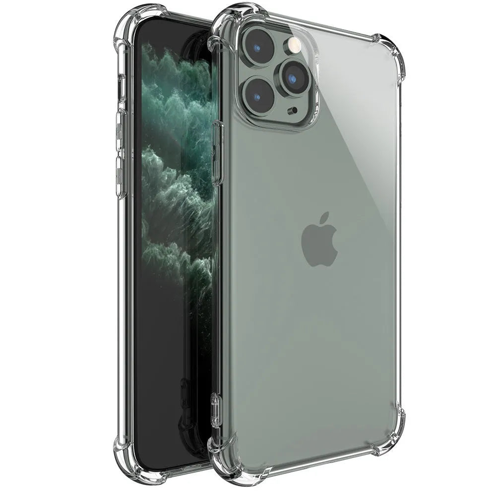 Clear TPU shockproof phone case for multiple Apple iPhone models showing transparent design